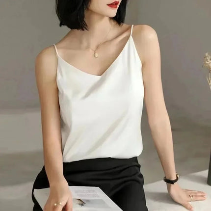 Woman T-shirts Elegant Faux Silk Satin Blouse Sleeveless Female Summer Casual Loose Tanks and Camis Solid Green Tops for Women