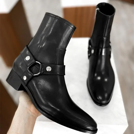 Black Buckle Genuine Leather Ankle Boots for Men Low-heeled Western Boots Safety Shoes Man for Work Handmade Winter Desert Boots