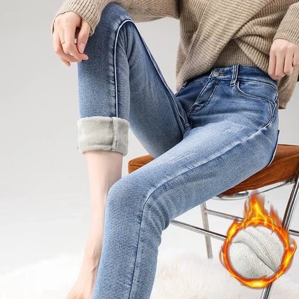 Women's Fleece Warm Winter Jeans Thicken Elastic Skinny Pencil Pants Fashion Korean Slim Plush Thermal Leggings Trousers