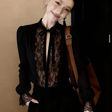Luxury Black Lace Long Sleeve Top Mesh Sheer V Neck Lace Up Tied T Shirt Elegant Clothes Casual Basic Tees