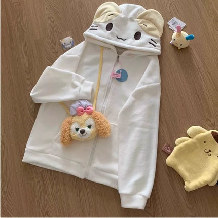 Japanese Kawaii Zip Up Sweatshirt Women Sweet Cute Cat Ear Hat Long Sleeve Loose Jacket for Girls Cute Soft Girl Fall Outfit New