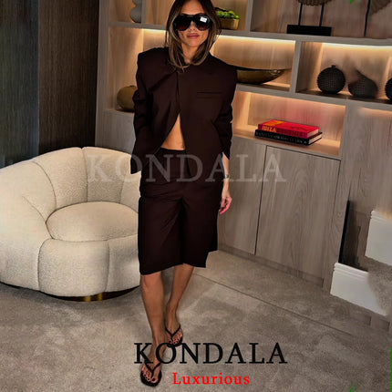 KONDALA Women Office Lady Casual Chic Brown Blazer Suit Long Sleeve Blazer Zipper Half Pants Fashion 2026 Spring Summer Suit