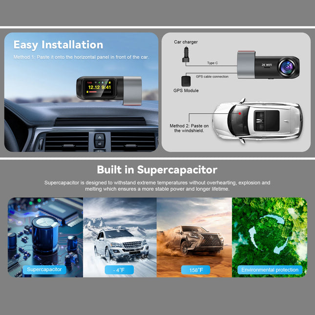 HD 2K WIFI/GPS Dash Cam 24H Parking Mode 2560 X 1440 Car DVR Support 256GB Max G-Sensor Loops Recording Dashcam for Vehiles