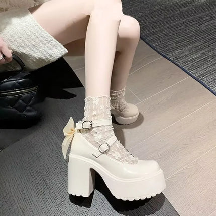 Super High Heel Single Shoes Autumn New Round Toe Shallow Mouth One Strap Platform Bow Non-slip Block Heel Shoes