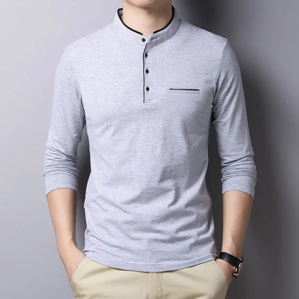 2025 Men's Business Casual Three Button Stand Up Collar Long Sleeved T-shirt Korean Style Comfortable Versatile Top