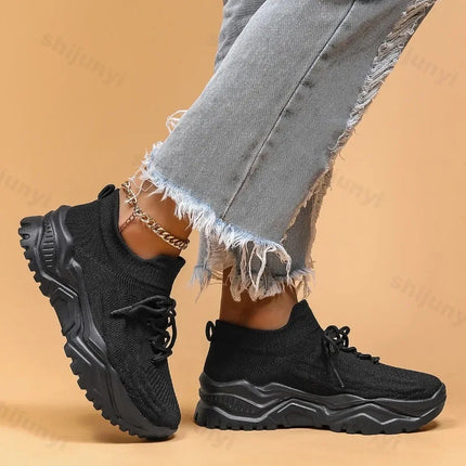 Fashion Stretch Knitting Sneakers for Women 2024 Autumn Couple Lace Up Non Slip Flats Casual Sports Shoes Woman Plus Size 35-43