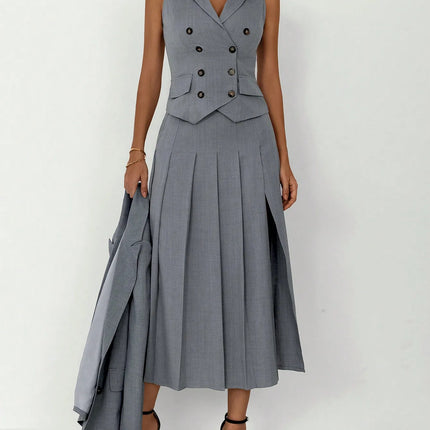 3pcs Women Elegant Work Casual Business Suit Set: Fitted Vest for Spring/Summer, Pleated Midi Skirt, Suitable for Office Lady