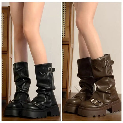 New Design Women Biker Boots Platform Belt Buckle Women's Knee High Booties Harajuku Gladiator Y2K Punk Mid Pipe Booties Girls