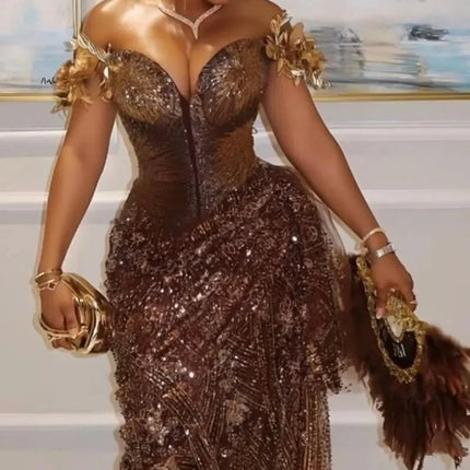 Luxury Brown Sequin Evening Dresses African Wedding Party Dress Aso Ebi Birthday Dress Mermaid Formal Gown for Women Custom