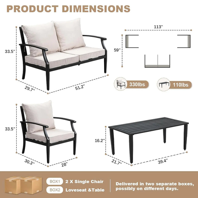 4-Piece Patio Furniture Set, Wider Outdoor Metal Seating Sofa with High Back & Loveseat, Coffee Table, All Weather, Customized