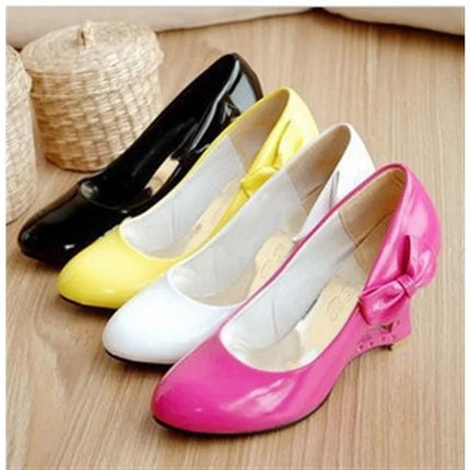 New Fashion Bow Women Leather Shoes 2025 Spring Autumn Comfortable Pointed Shallow Mouth Wedges Shoe Patent Leather High Heels
