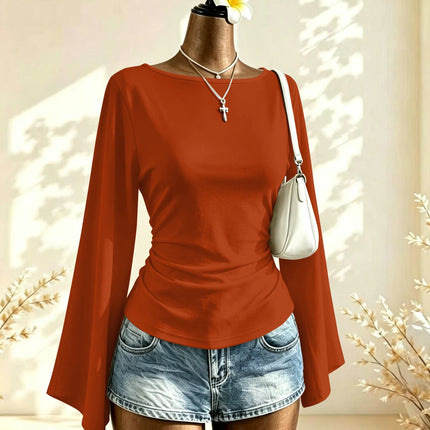Boat Neck Flare Long Sleeve Side Ruched Fitted Casual Blouse Slim Fit Basic Top