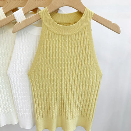 2026 Summer New Women's Knitted Halter Camisole Slim Fit Sleeveless Base Tank Tops Solid Color O-neck Outerwear Vests Crop Tops