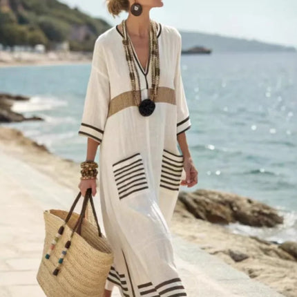 Plus Size Dress Women Boho Striped Extra Long V Neck Oversized Robe Summer Linen Beach Vacation Daily Casual Commuting Vestidos