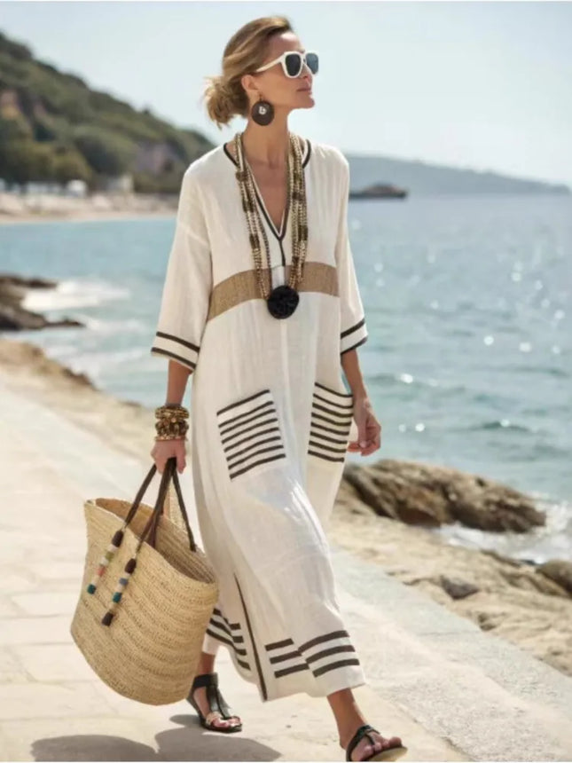 Damen Übergröße Kleid Boho Gestreift Extra Lang V-Ausschnitt Oversized Robe Sommer Leinen Strand Urlaub Alltag Pendler Vestidos