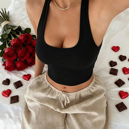 Summer Casual Elegant Sexy Comfortable Solid Color Hanging Neck Sleeveless Backless Vest Top