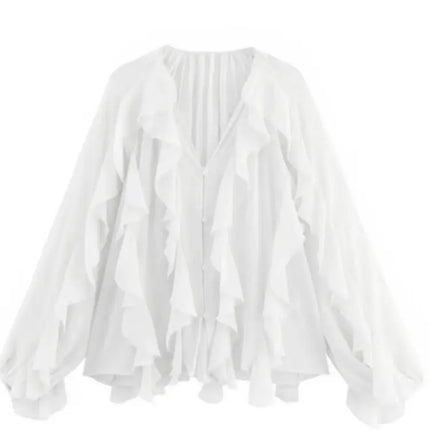 2026 New Summer Women's Elegant Loose Long Sleeve Chiffon Layered Shirts Lady Vintage V-neck Translucent Tierred Ruffles Blouses