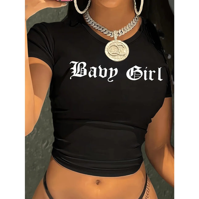 2000er 90er Mädchen Buchstaben-Print Grafik Kurzarm Rundhals Casual Crop Top für Frühling & Sommer Damenbekleidung T-Shirt