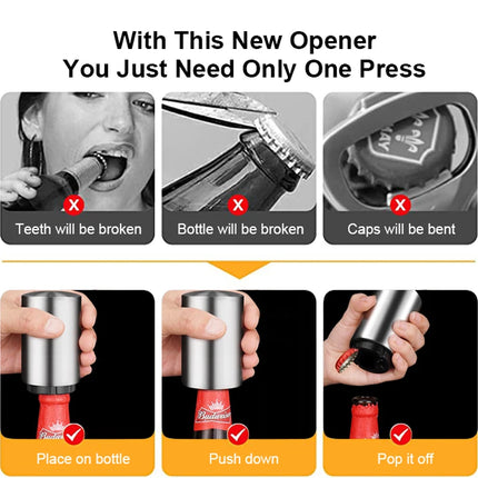 Stainless Steel Automatic  Beer Bottle Opener No Bend Push Down Cap - Easy Open for Beer and Soda Glass Bottles Kitchen Opener