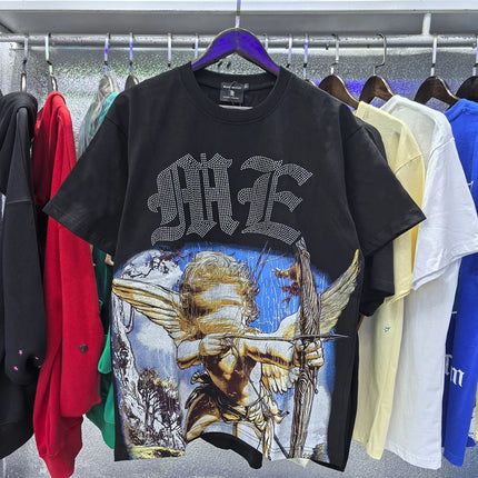 Fashion Brand Mixed Emotion Embroidery Rhinestone American Streetwear Angel Print Hot Diamond Top Tee Men Women Loose T shirts