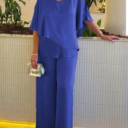 Summer New Solid Color Round Neck Short Sleeve Women Suit Casual Loose Irregular  Top Elegant Female Jumpsuits Office 2piece Set