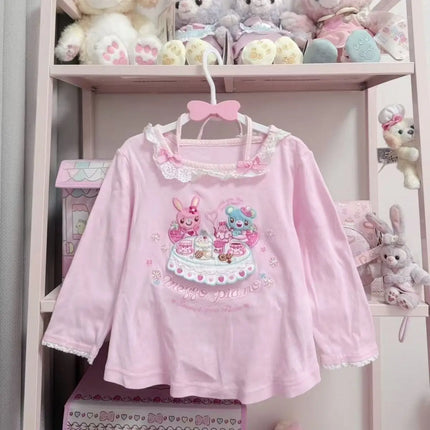 Japanese Kawaii Cartoon Graphic Print T-shirts Women's Pink Sweet Lace Stitching Tops Subculture Harajuku Tees Cute Bow Clothing