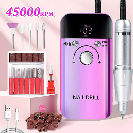45000RPM Nail Drill Machine Portable Nail Polisher Low Voice Electric Professional Nail Lathe with HD LCD Display