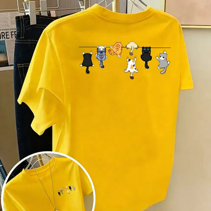 Cartoons Cats Prints T-Shirts Summer Womens Cotton T Shirts Basic O-Neck Oversized Short Sleeve Tops Casual Street Woman Clothes