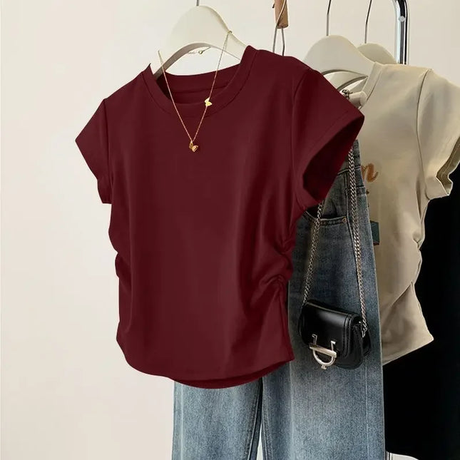 Damen Sommer Kurzarm-Oberteil für Mode Vielseitiges Basic-Shirt Schmal geschnittenes Rundhals-T-Shirt Lässig und sexy Atmungsaktiv und kühl