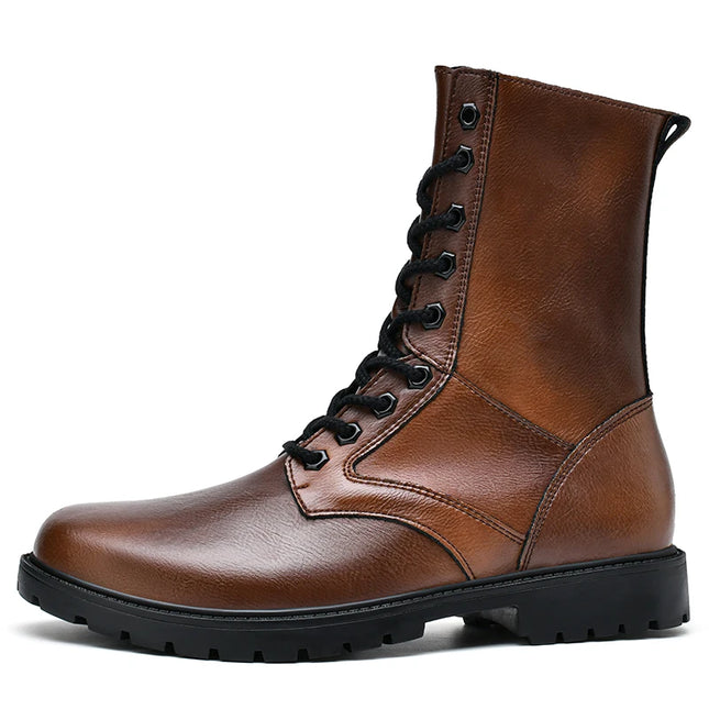 Men's Brown Leather Combat Boots High-Top Lace-Up with Side Zipper Plus Big Size 49 50 51 52