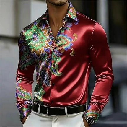Men's Satin Paisley Printed Shirt Luxury Glossy Long Sleeve Casual Button Down Dress Shirts Nightclub Party Wear