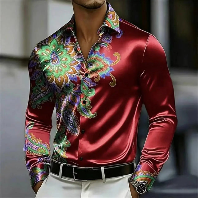 Camisa de satén con estampado paisley para hombre, lujosa, brillante, de manga larga, informal con botones, para fiesta o discoteca