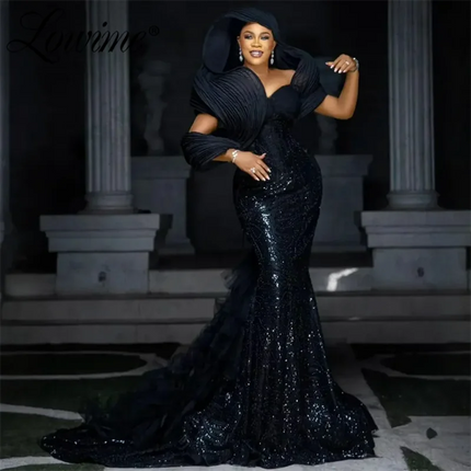 2024 Elegant Black Evening Dresses Aso Ebi Mermaid Prom Dress Plus Size Off The Shoulder Celebrity Party Gowns Robe De Soiree