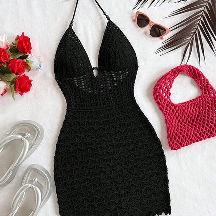 White Crochet Halter Neck Sleeveless Dress