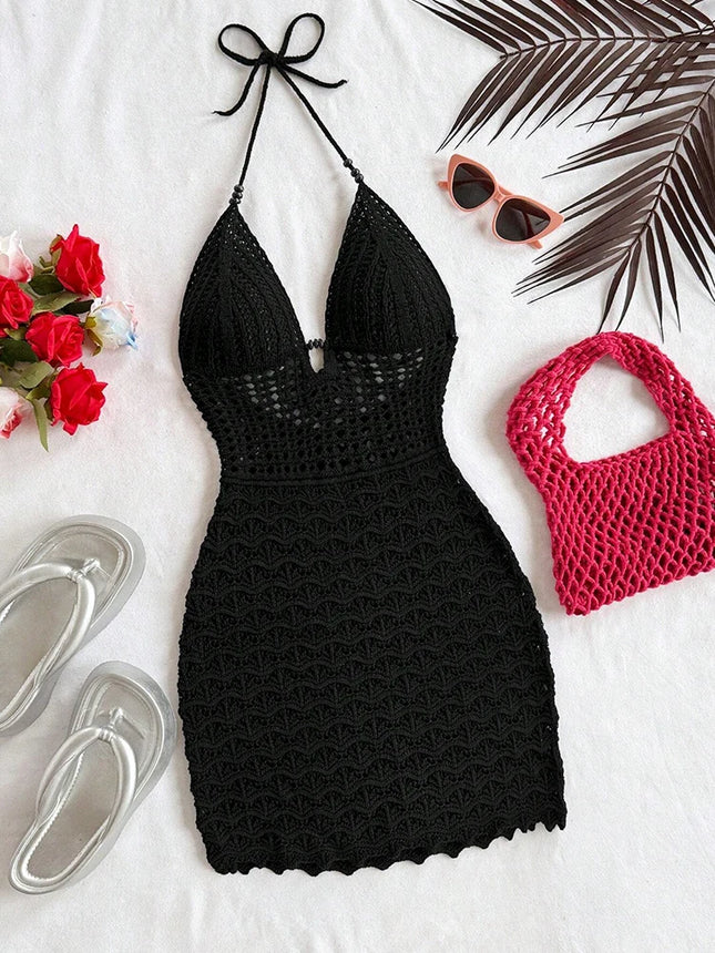 White Crochet Halter Neck Sleeveless Dress