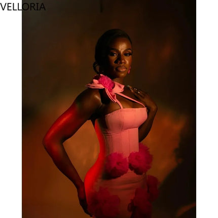 Hot Pink Pom Mermaid Maxi Evening Dress for African Women Strapless Bodycon Formal Party Gown Floor-Length Prom Gown Customized