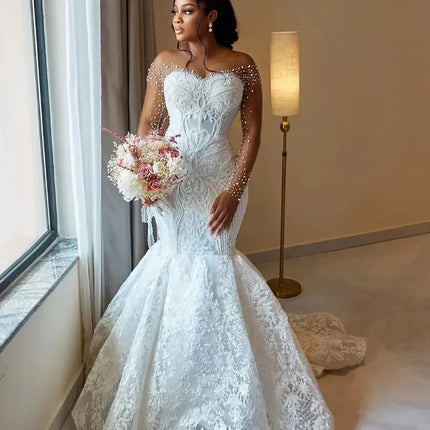 Customized 2026 Women's Mermaid Wedding Dress Bridal Dress Naked Neck Phantom Long Sleeve Beaded Lace Wedding Dress Back Button