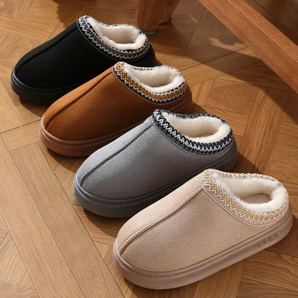 Plush-lined platform house slippers in black, brown, gray and beige