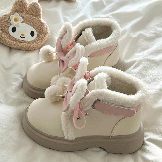 Sweet Girls Lolita Winter Mid-Calf Snow Boots,Young Women Students Cute Plush Rabbit Ears Bowknots Warm Flat Platform Shoes