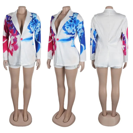 Floral Print 2 Piece Sets Women Outfit Y2K Clothes Elegant Blazer Coat and Short Suits Club Party Matching Sets Conjuntos Curtos