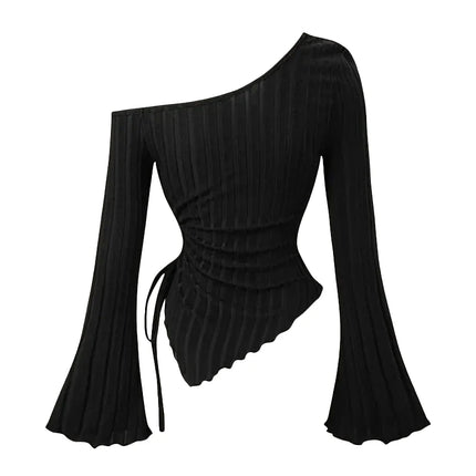 Women's Off-Shoulder Cross Long-Sleeved Slim Fit T-Shirt Asymmetrical Street Style Casual Elegant Top with Trumpet Sleeves