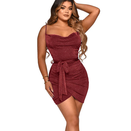 Spaghetti Strap Bodycon Mini Dress Self Tie Waist Ruched Wrap Hem Night Club Party Outfit