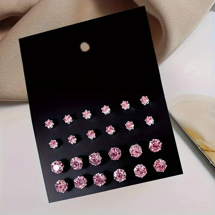 12 Pairs Classic Pink Rhinestone Stud Earrings Exquisite 4/6MM Crystal Stone Earrings Women's Elegant Banquet Jewelry Gifts