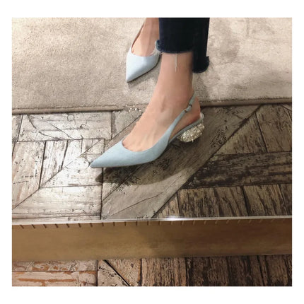 Women's Summer New Thick Heel Pointed Head Bag Head Sandals Women's Rhinestone Pearl Heel One-word Buckle Medium Heel High Heels