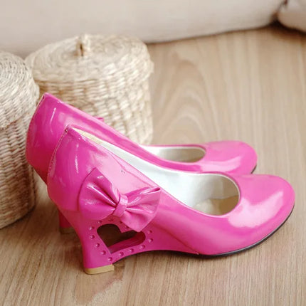 New Fashion Bow Women Leather Shoes 2025 Spring Autumn Comfortable Pointed Shallow Mouth Wedges Shoe Patent Leather High Heels