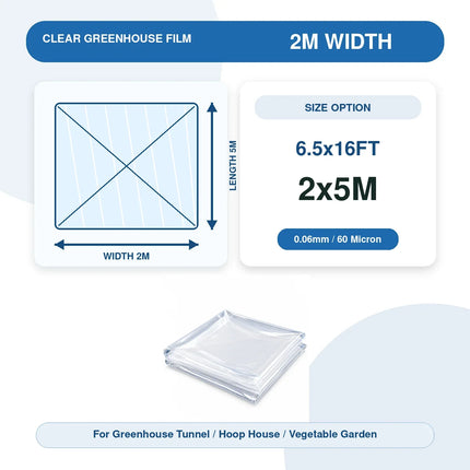 Size diagram and folded film for the 2x5M / 6.5x16FT greenhouse film