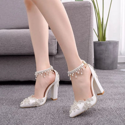 Maogu Woman Wedding High Heels Elegant Medium Heel Women's Shoes 2023 Pearl Rhinestone Ladies White Pumps Crystal Buckle Strap