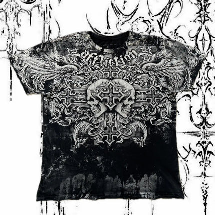 Y2K New Vintage Gothic Skull Wing Printed Long Sleeve Street Trend Pure Cotton Top Men Hip Hop Gothic Harajuku Oversize T-shirt