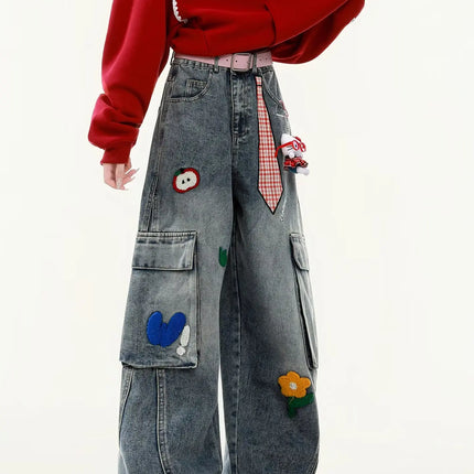 Embroidered Harajuku women's jeans American casual style retro straight leg high street wide leg pants Y2k loose jeans for womem