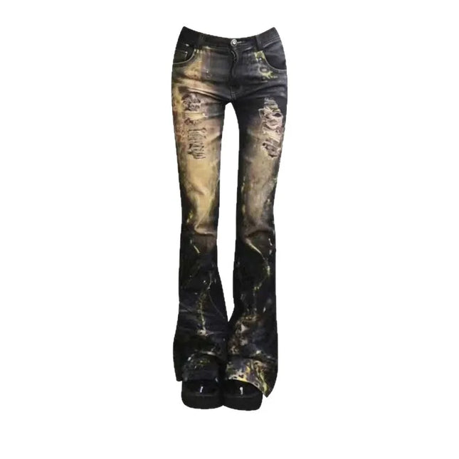 ONE TO WAN Women's Gothic Y2k Flared Jeans Harajuku Trashy Ripped Denim Trousers Streetwear Baggy Jean Pants Vintage Emo Clothes